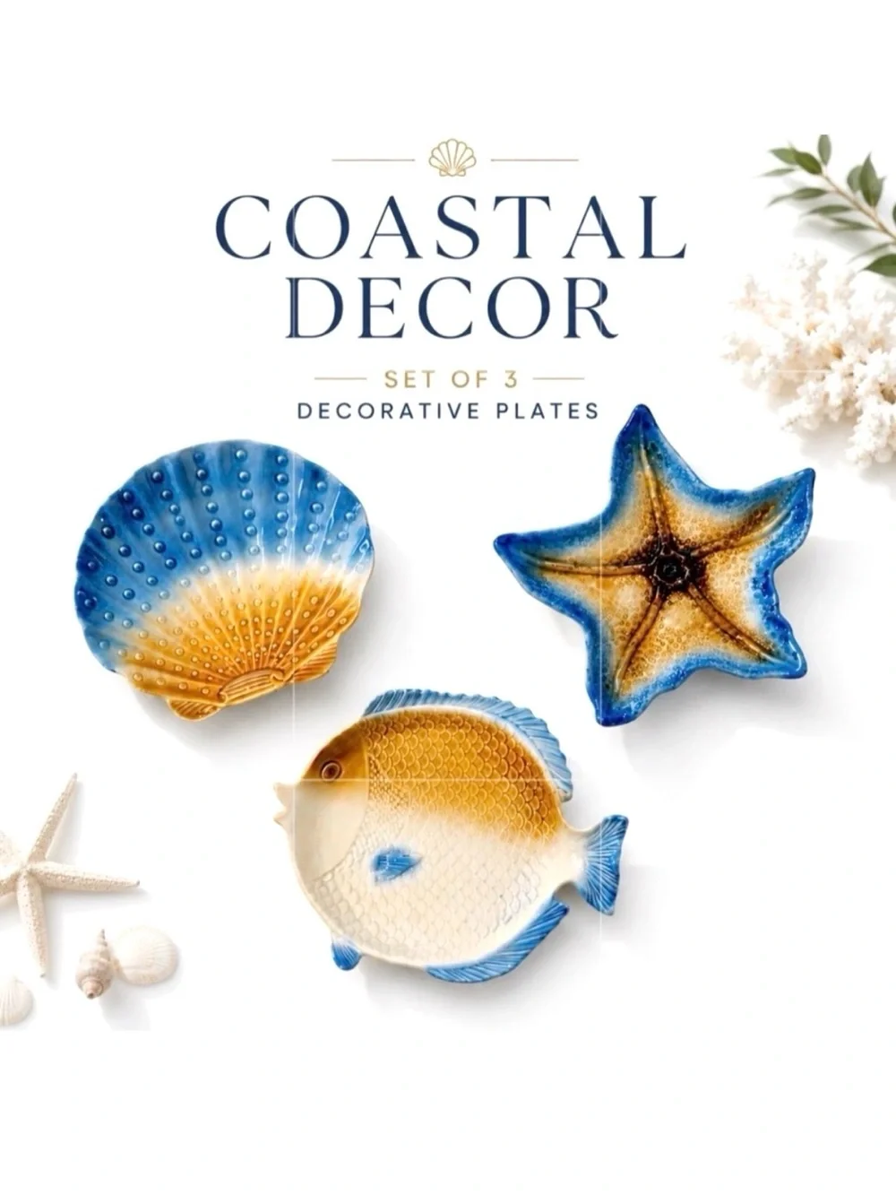 Costal plates,  Set of 3 decorative plates fish starfish shell